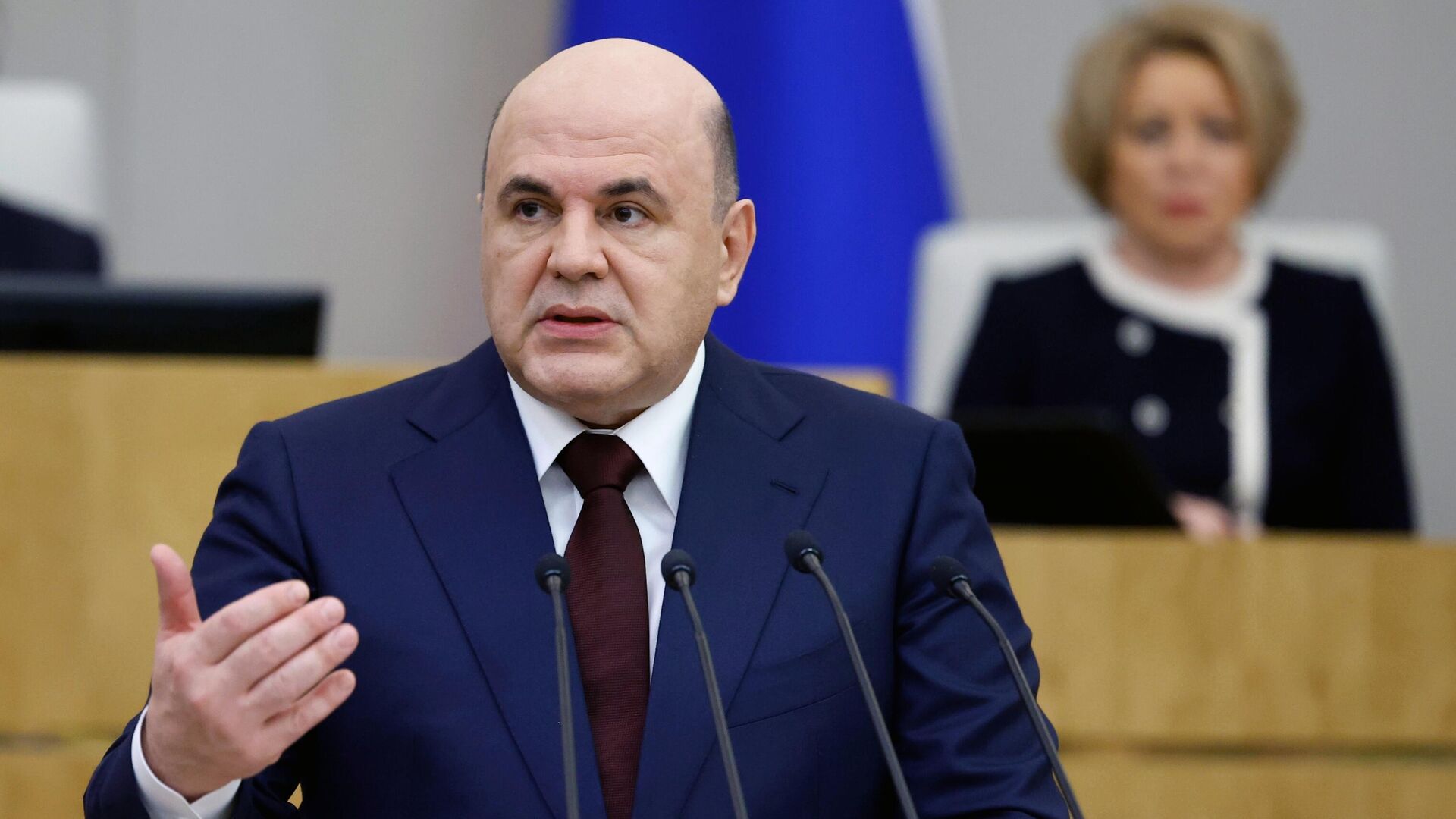 Председатель правительства России Михаил Мишустин выступает с ежегодным отчетом правительства России в Государственной Думе Российской Федерации. 3 апреля 2024 г.