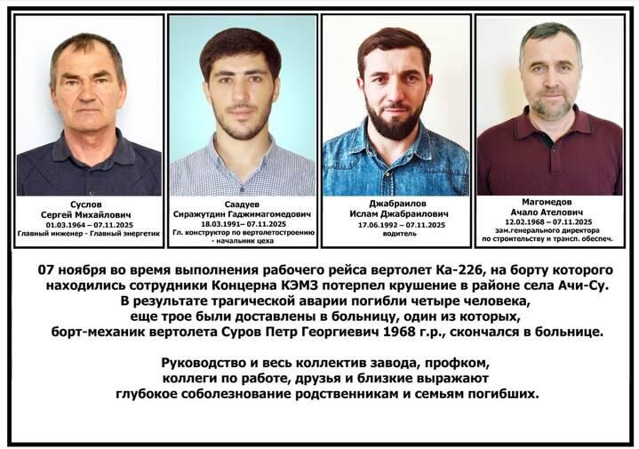 Сотрудники концерна КЭМЗ, погибшие в результате крушения вертолета Ка-226 в районе села Ачи-Су в Дагестане
