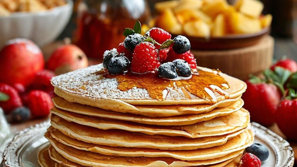 Блины на столе с ягодами и вареньем